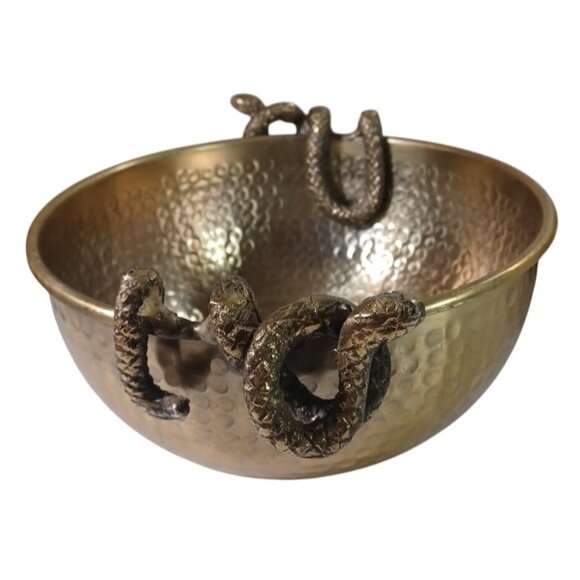 Set Of 2 Gold Hammered Brass ? Bowls With Snake Handles Vintage Decorative Uniqu - Picture 5 of 13